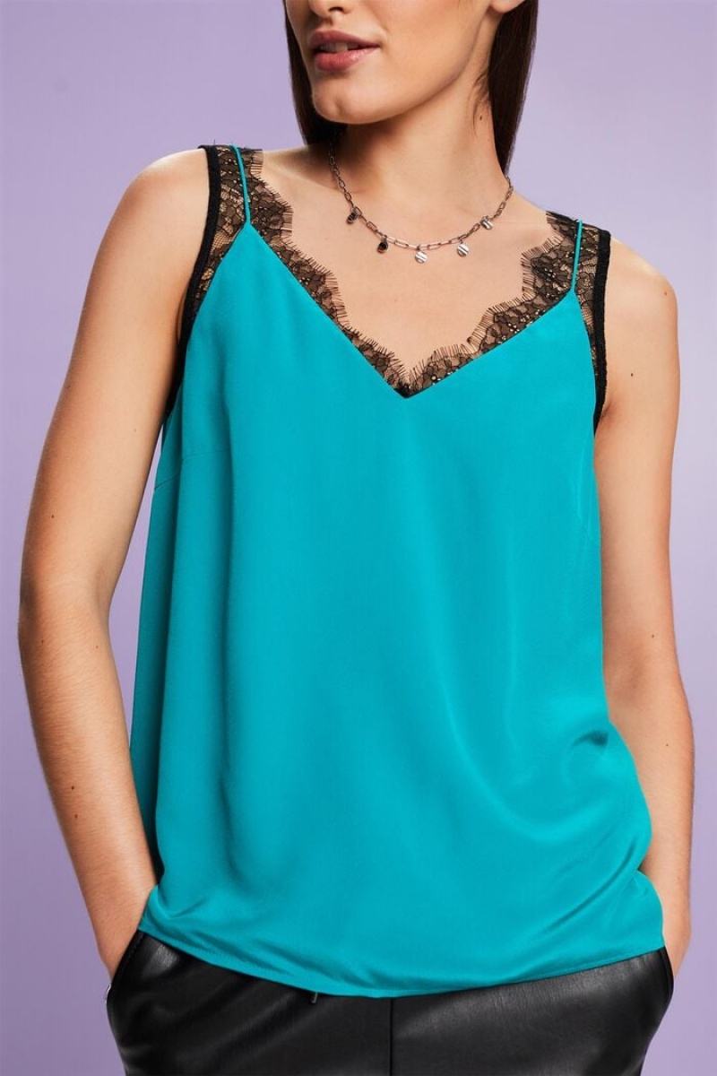 Dámské Blouses Esprit Krajkové Silk Tmavě Tyrkysové | GEK094817