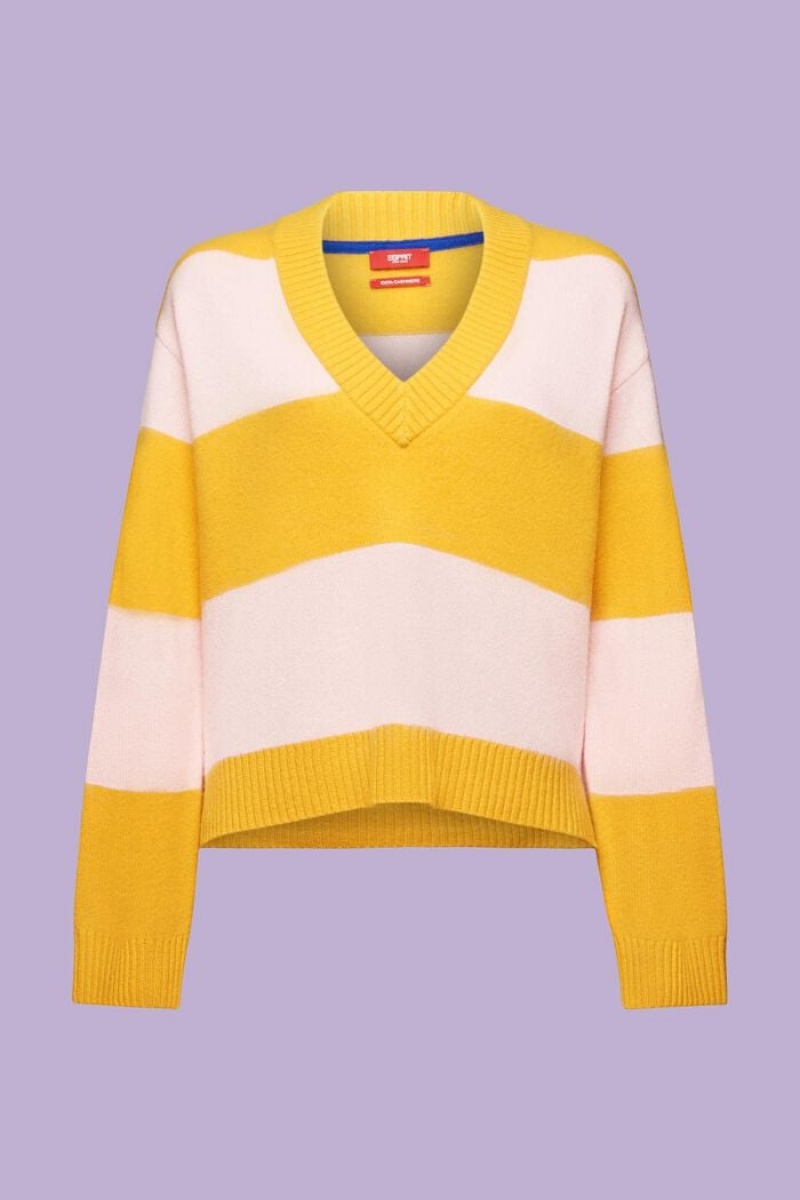 Dámské Jumpers Esprit Cashmere V-neck Rugby Stripe Žluté | ANE189430