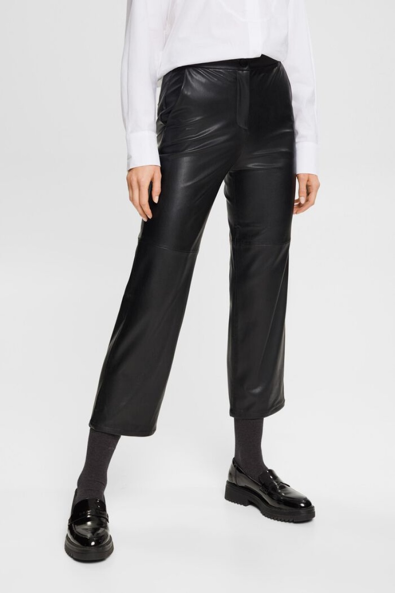 Dámské Kalhoty Esprit Cropped Faux Læder Černé | AEO146837
