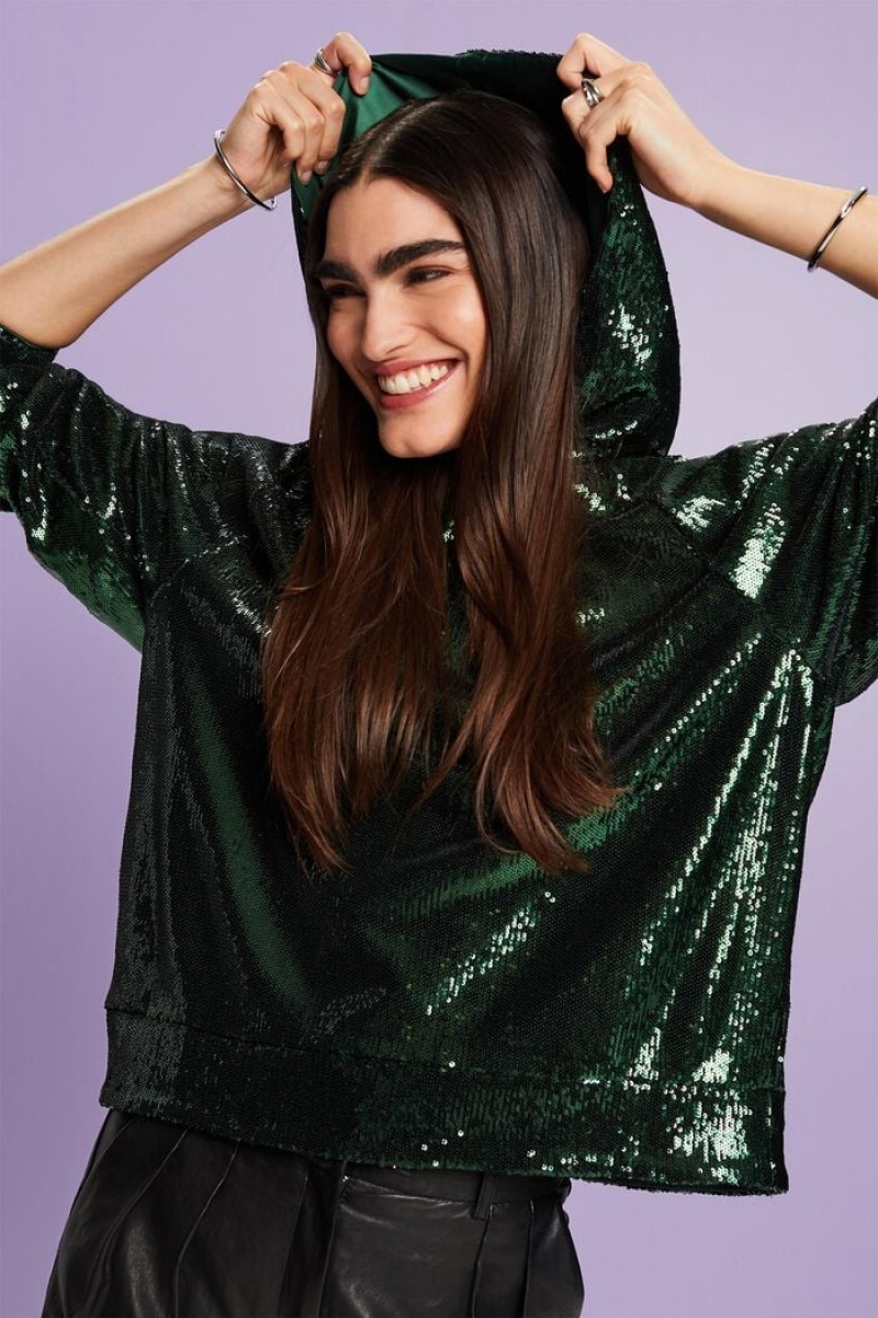 Dámské Mikina s Kapucí Esprit Sequined Tyrkysové Zelene | UPY249601