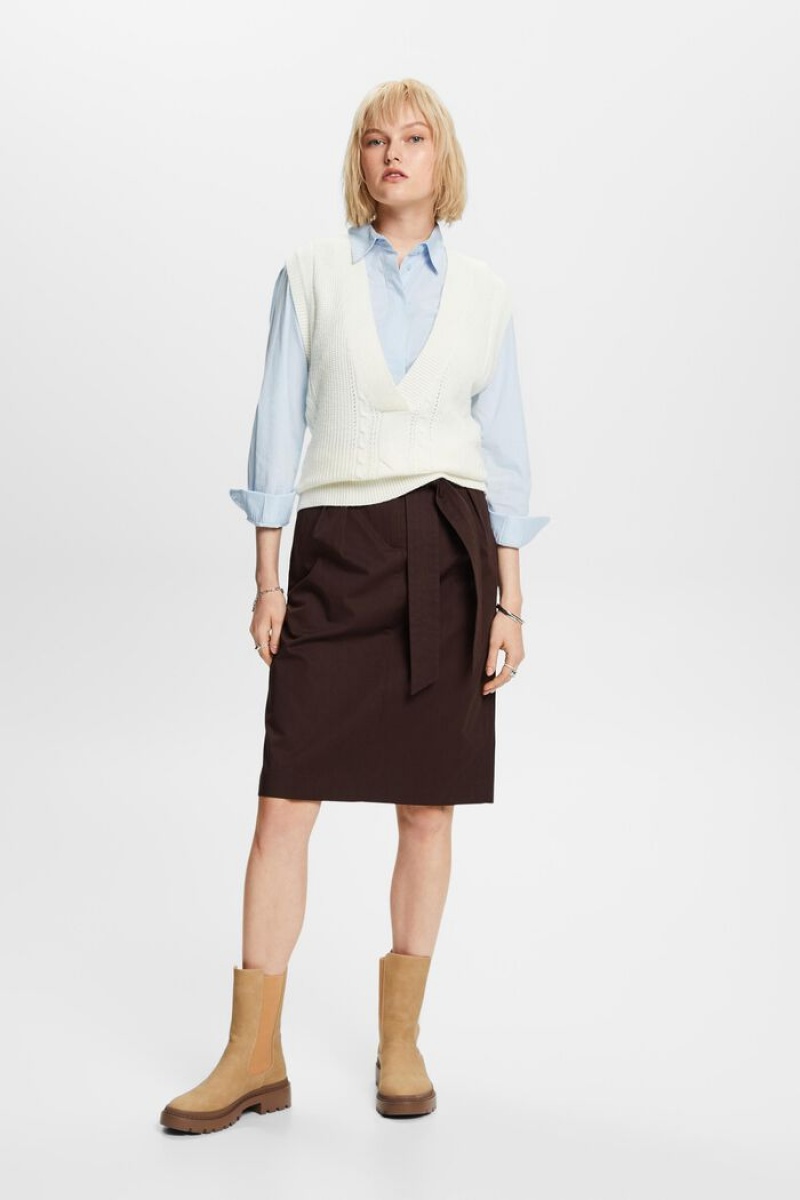 Dámské Sukně Esprit Belted Knee Length,100% Bavlněné Tmavě Hnědé | ARY609783