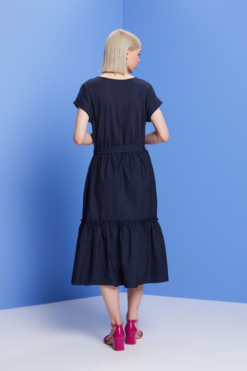Dámské Šaty Esprit Fabric Mix Midi,100% Bavlněné Tmavě Blankyt | YQM725480