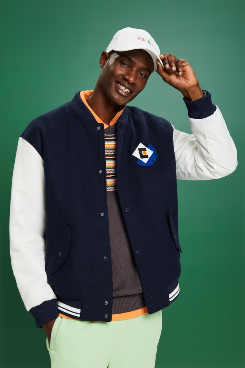 Pánské Bundy Esprit Logo Appliqué Vlna-blend Varsity Tmavě Blankyt | CWU495031