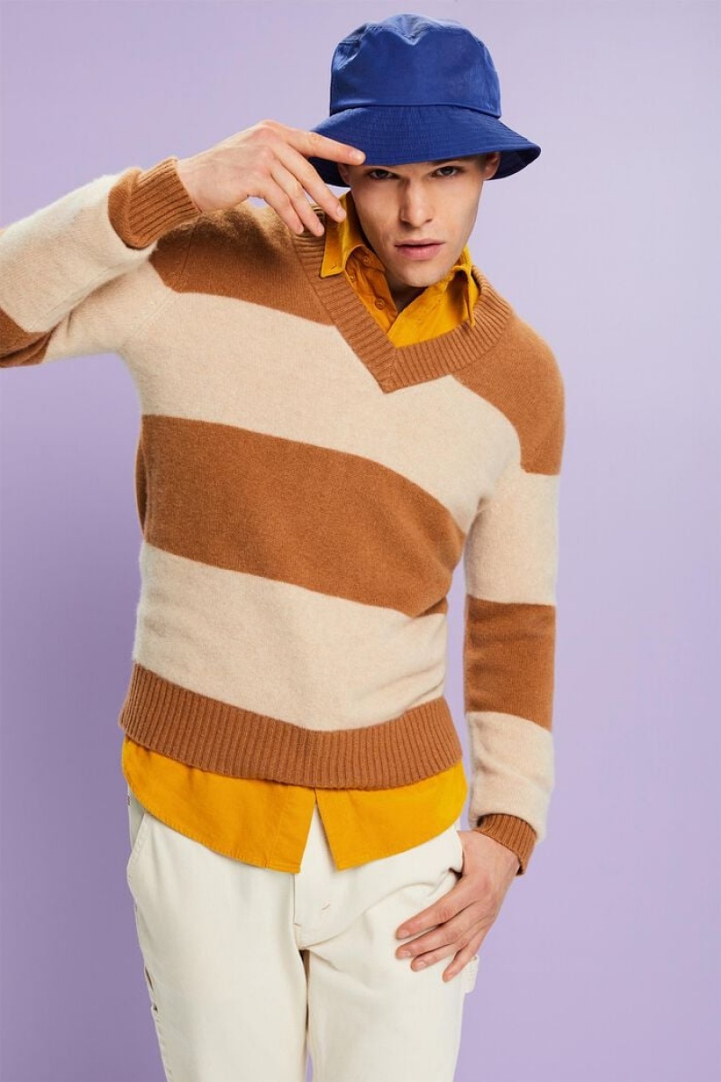 Pánské Jumpers Esprit Cashmere V-neck Rugby Stripe Hnědé | QAD708519