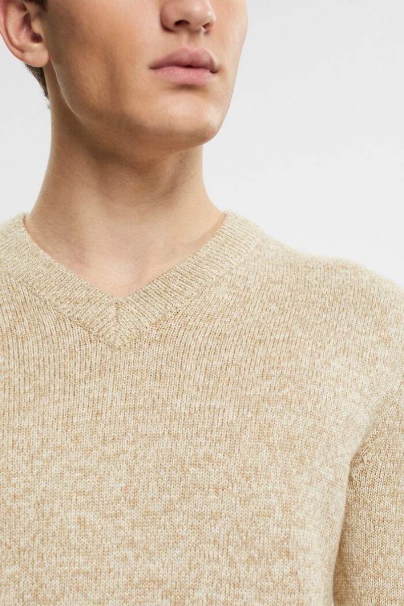 Pánské Jumpers Esprit Two-coloured V-neck Knit Hnědožlutý Béžový | VWD481657
