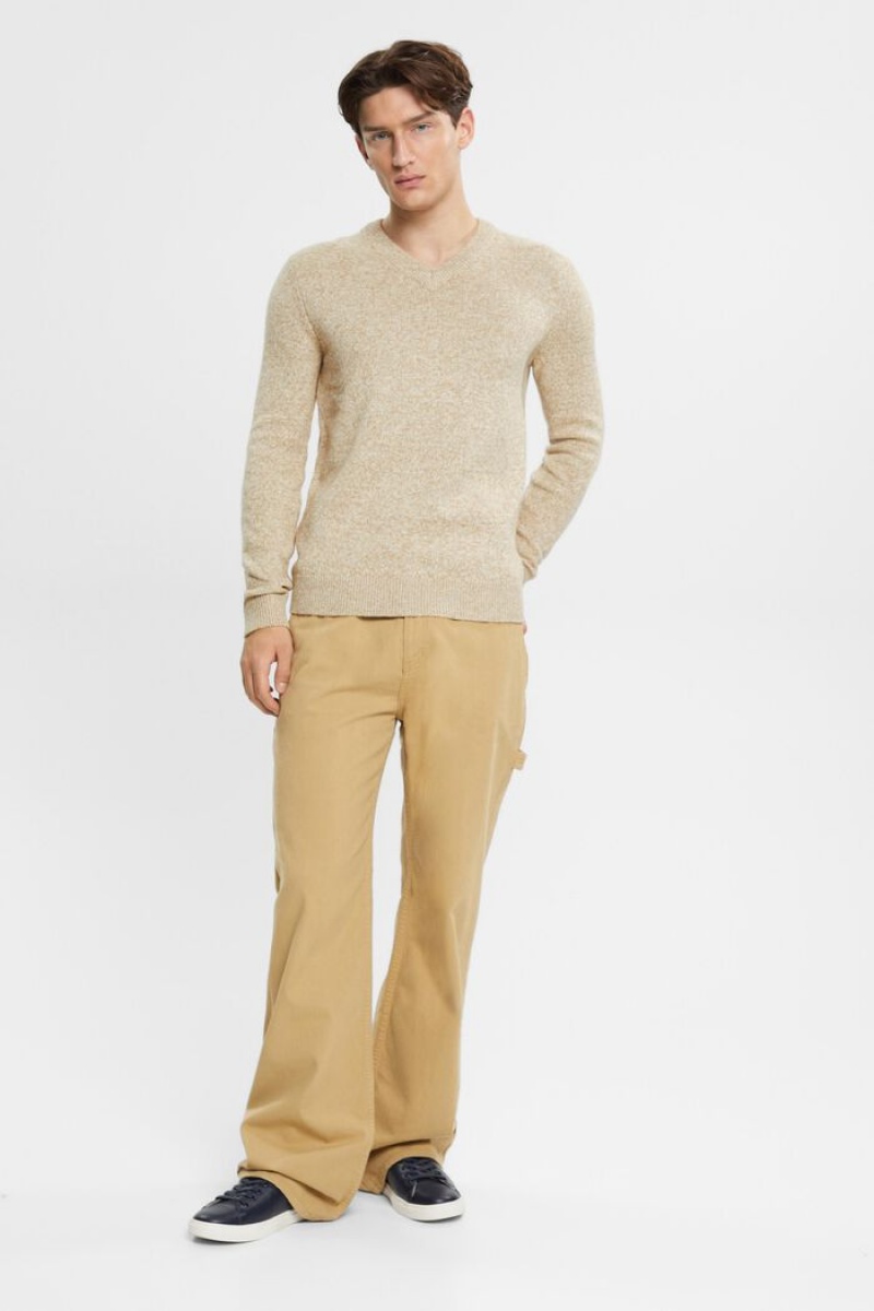 Pánské Jumpers Esprit Two-coloured V-neck Knit Hnědožlutý Béžový | VWD481657