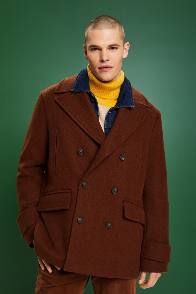 Pánské Kabáty Esprit Double-breasted Vlna Pea Hnědé | DWC640238