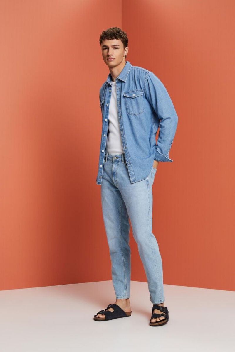 Pánské Košile Esprit Bavlněné Denim Blankyt Světle | FZR593486