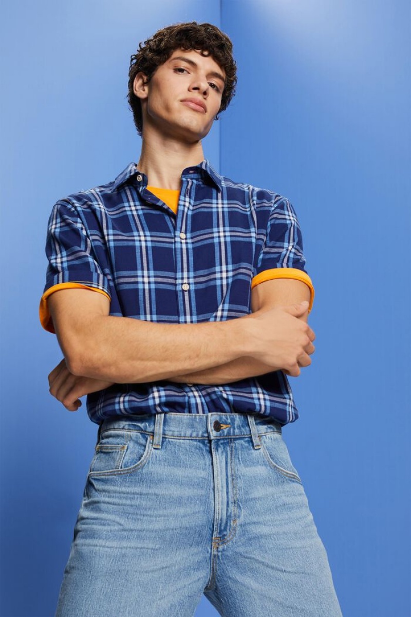 Pánské Košile Esprit Checked Krátké-sleeve Tmavě Blankyt | CWE417869