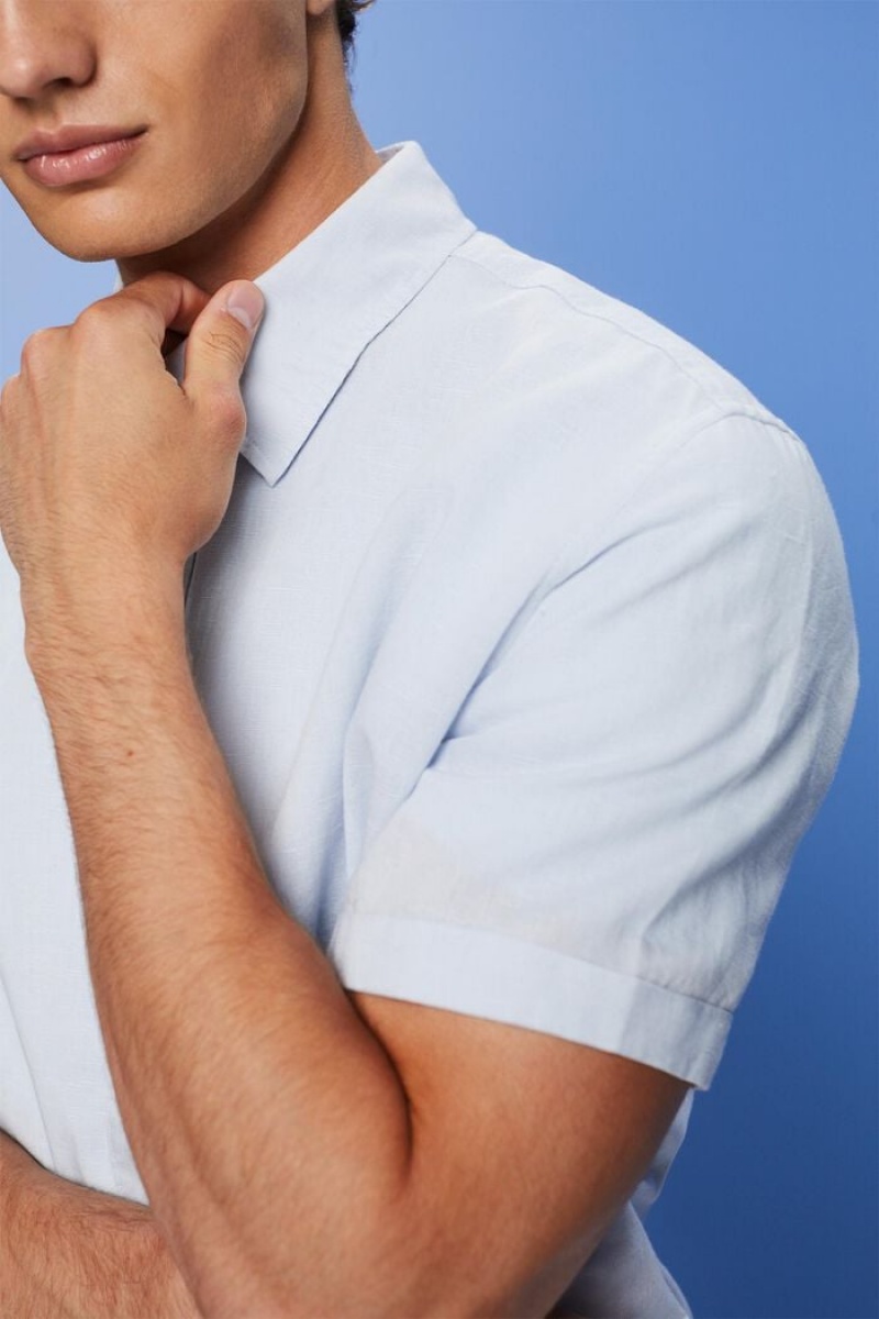 Pánské Košile Esprit Linen And Bavlněné Blend Krátké-sleeved Světle Blankyt | LWO978150