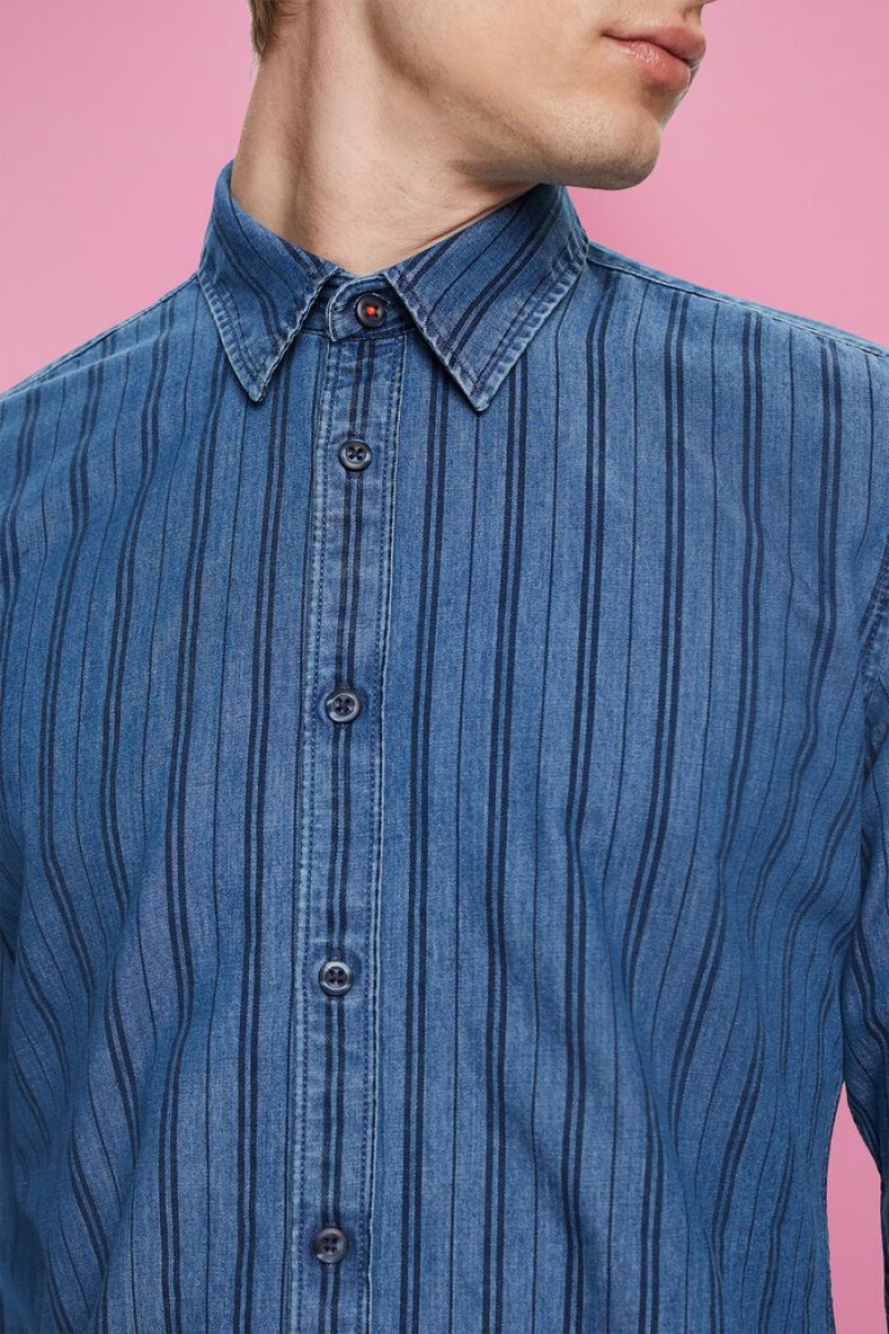 Pánské Košile Esprit Slim Fit Denim With Stripes Tmavě Blankyt | SEG815927