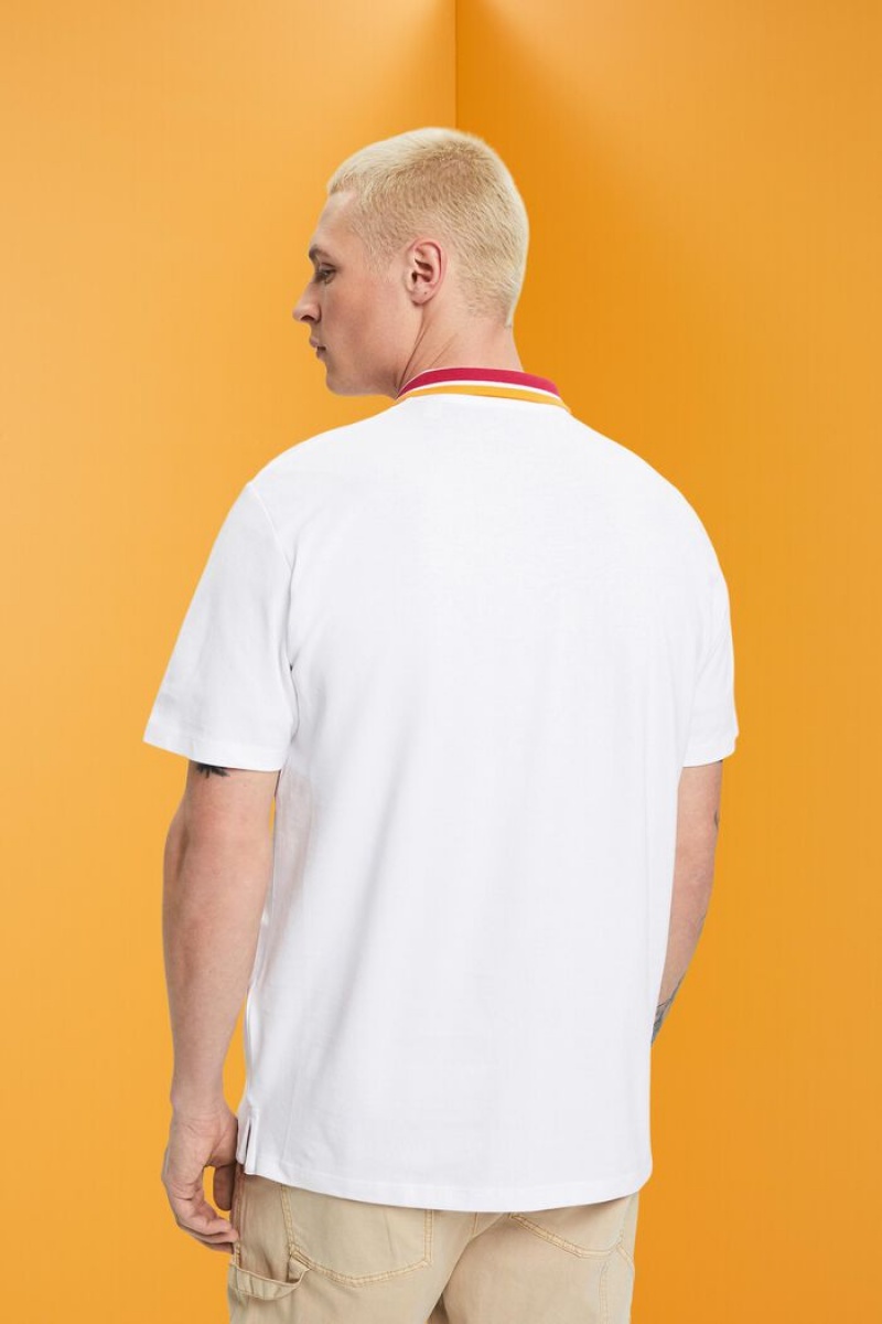 Pánské Polo Triko Esprit Bavlněné Pique With Pruhovaný Collar Bílé | SHV327081