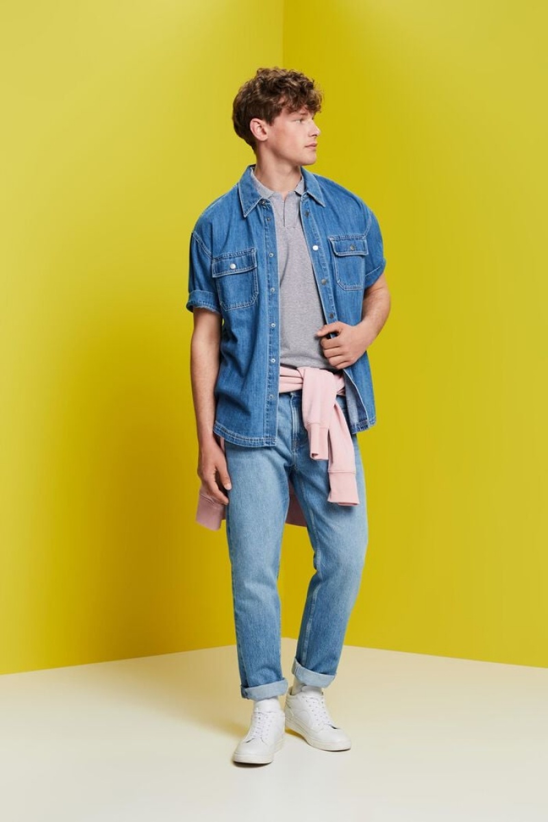 Pánské Polo Triko Esprit Pruhovaný,Bavlněné-linen Blend Tmavě Blankyt | NHF038921