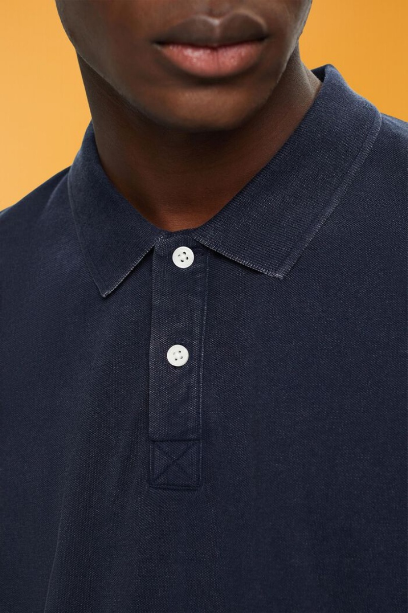 Pánské Polo Triko Esprit Stone-washed Bavlněné Pique Tmavě Blankyt | CMQ360482