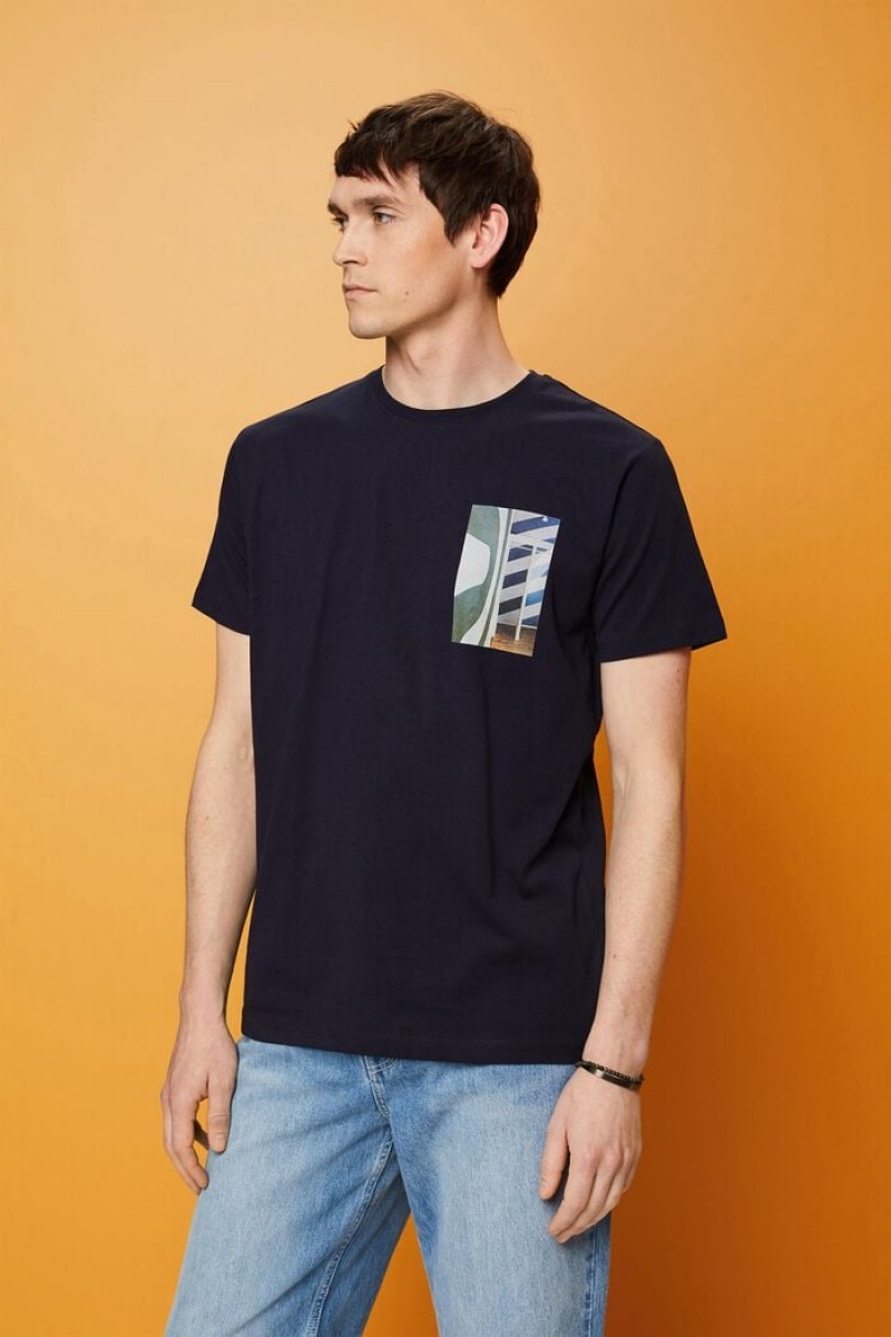 Pánské Tričko Esprit Crewneck,100% Bavlněné Tmavě Blankyt | JMP471083
