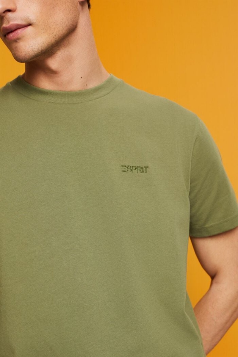Pánské Tričko Esprit Logo Embroidered Olivy Zelené | VWS063259