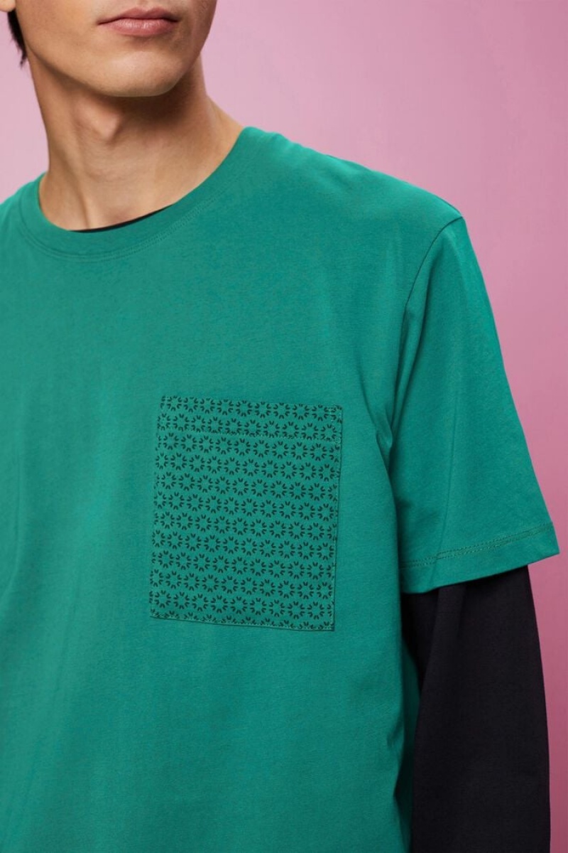 Pánské Tričko Esprit Sustainable Bavlněné With Chest Pocket Tyrkysové Zelene | PNA248153